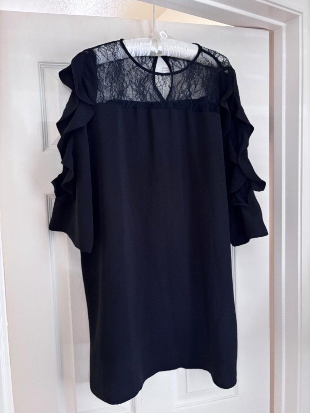 Zara Basic Black Lace Yoke Ruffle Sleeve Shift Dress Size M